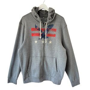 American Eagle Hoodie Mens XL Classic Fit Gray USA Hawk Patriotic Print Fleece